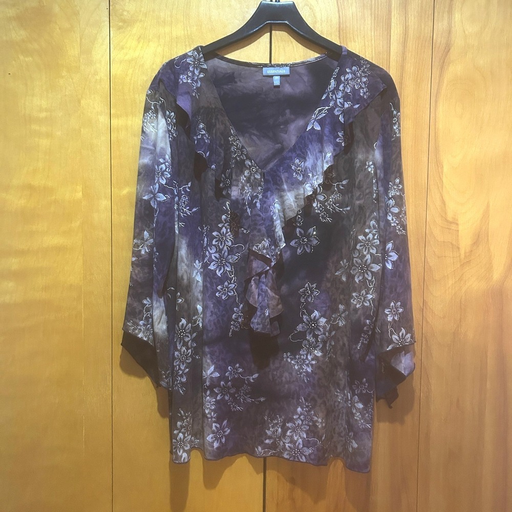 Essentials Blouse Womens 2X Purple Gold Print Ruffle Neck Fairy Celestial WItchy